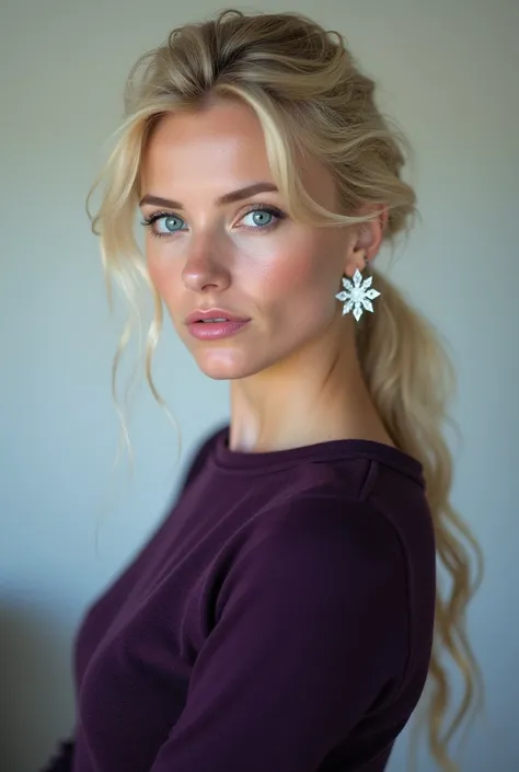 Australian woman and she looks like Elsa. She is wearing a dark purple jumper and she has light golden blonde hair and blue eyes. She has two white snowflake earrings in her ear. 
