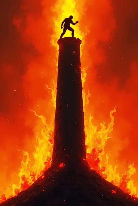 A human silhouette climbing a tower that represents resistance against the flames 