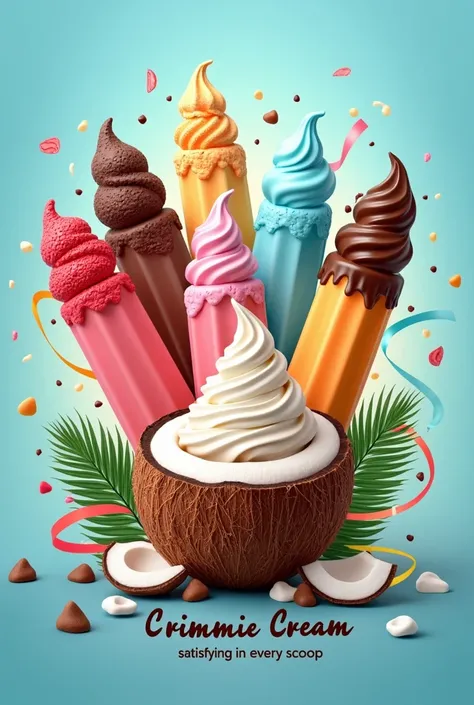 "Design an image featuring five different ice cream bars arranged in a cascading or fan layout, representing flavors like vanilla, chocolate, strawberry, caramel, and coconut. Each bar should have a realistic chocolate coating with distinct textures such a...