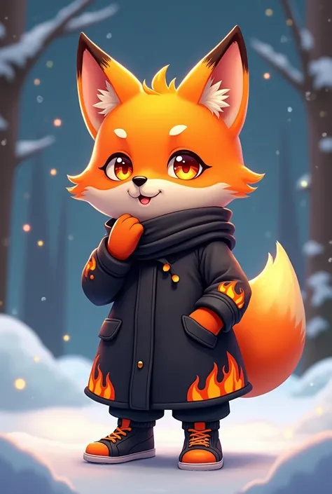 A bright orange with yellow fur anthromorphic fox with black scleras and orange irises wearing a black coat and robe with fire imprints on the hems, black sweatpants and black and bright orange sneakers, wearing a black and orange double scarf and orange f...