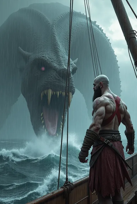 Make Kratos from God of War without a beard facing a gigantic sea Hydra on a ship on the high seas in the rain, photorealistic. 