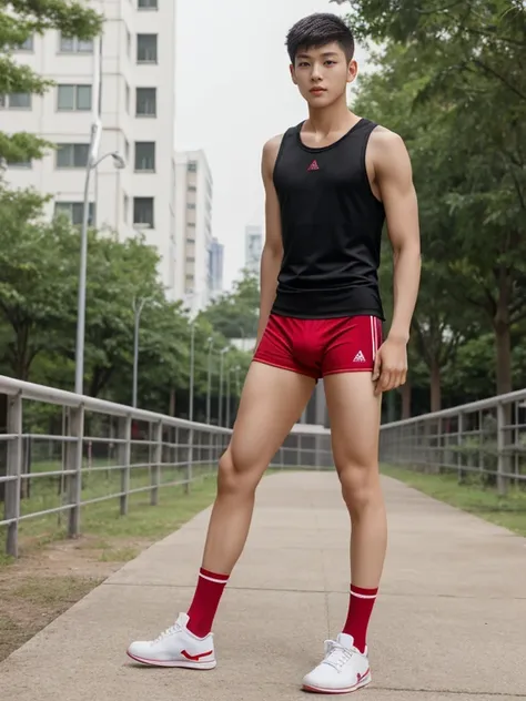  teenagers , very young , light-skin , wearing an dark red sexy underwear, tmasterpiece，k hd，the feet，Transparent sports vest，semi transparent，black long socks，The barefoot , red colour , handsome and cute , extreme cute boy , white skin , dark red underwe...