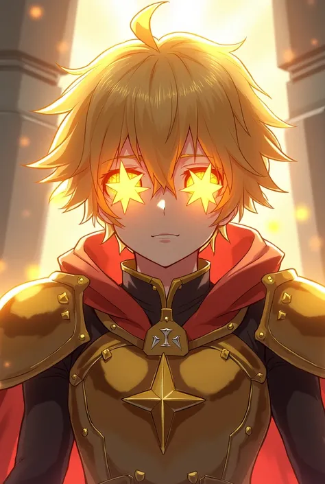 two eyes with a large golden star in each, in a blonde anime knight, with his shining armor.