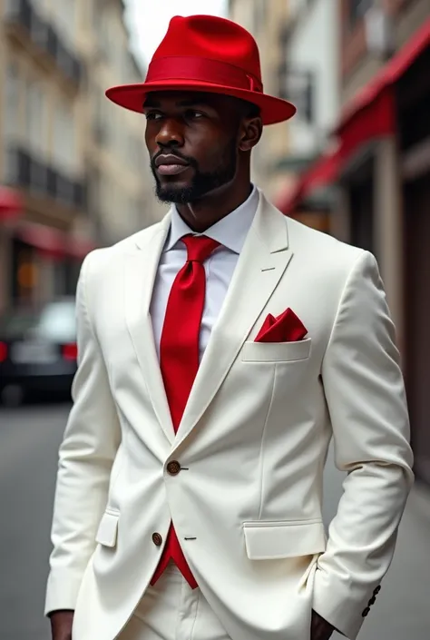 A dark-skinned man, wearing a white suit with red details and wearing a red hat
