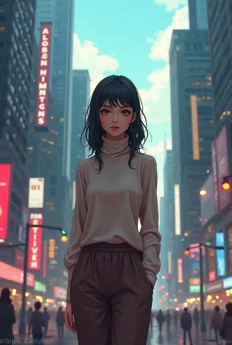 A Brazilian woman in the city, turtleneck blouse with long sleeves, loose pants, shy, anime