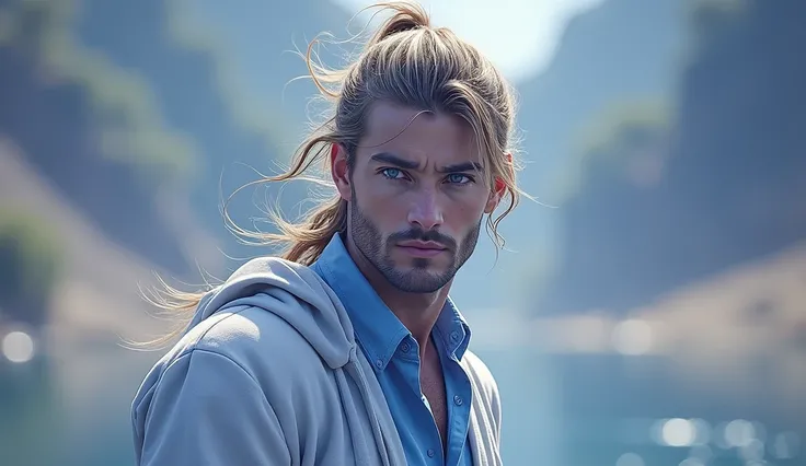 a handsome man with wavy blonde hair in a ponytail, blue eyes, charming and lovely expression, wearing casual clothes, (best quality,4k,8k,highres,masterpiece:1.2),ultra-detailed,(realistic,photorealistic,photo-realistic:1.37),portrait,blue color tones,nat...