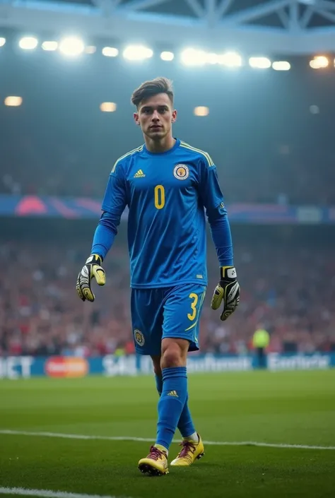 Professional football debut, from a young goalkeeper, with blue shirt on back 