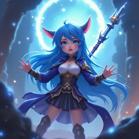 Vexana from the game Mobile Legends, realistic, 8K, surrealistic, itself, beautiful and cute young girl, embarrassed, medium round chest, long wizard staff, princess, armor, wizard cloak, corona, long blue hair, dynamic pose. bottom: good heavens, magic sp...