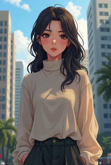 A Brazilian woman in the city, turtleneck blouse with long sleeves, loose pants, shy, anime, natural