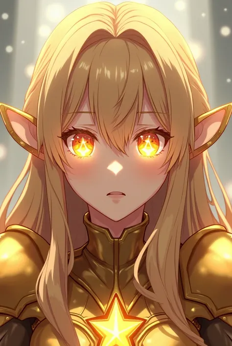 two eyes with a large golden star in each, in a 2 female knight in mature anime style, and containing long blond hair and with his shining armor of golden color. With the focus on the face, and she has little angel wings on her ears