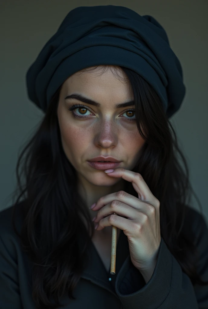 a white woman, 40 years old, with long black straight hair, dark brown eyes, left eye closed, wearing a navy blue bandana made of plain fabric, holding a cigarette in a long holder in his hand.