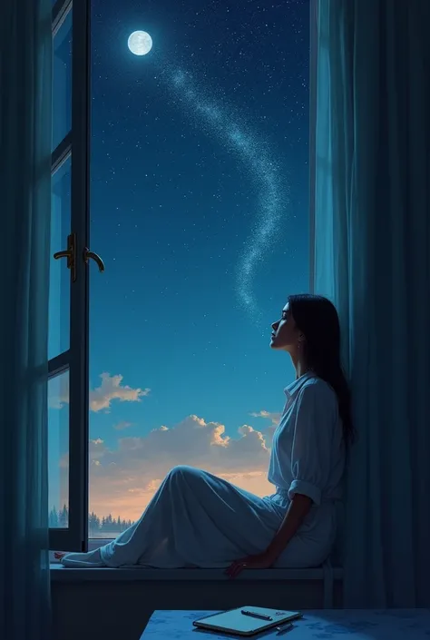 Visualize a woman sitting on the edge of an open window, At night, looking at a starry sky, he needs to be looking at the sky. outside, The stars shine brightly, and little lights, as if they were dream particles, begin to float from the window towards the...