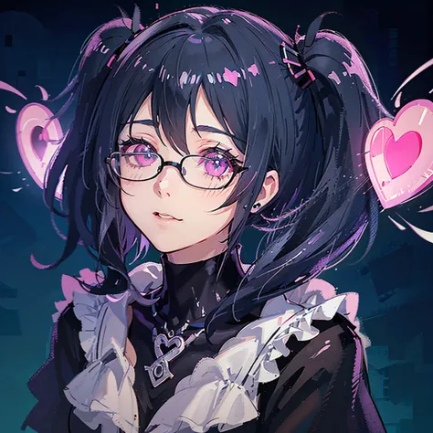 A 90s manga-inspired illustration of an anime-style design. She has vibrant pink twin pigtails with larger, more detailed black bows, round black-rimmed glasses, and haunting pink eyes with a horror twist. Her eyes are large and sparkling with a creepy int...