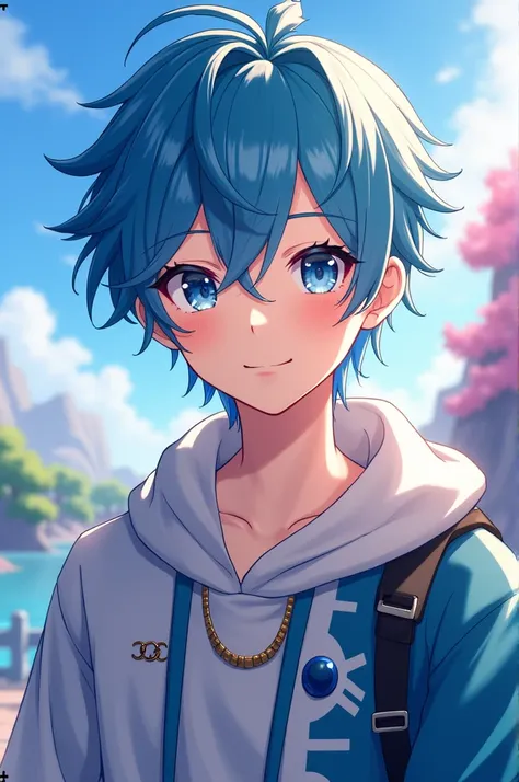 A cute male anime character with part of his color blue