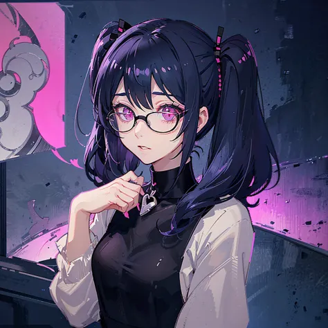 A 90s manga-inspired illustration of an anime-style design. She has vibrant pink twin pigtails with larger, more detailed black bows, round black-rimmed glasses, and haunting pink eyes with a horror twist. Her eyes are large and sparkling with a creepy int...