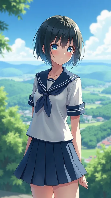 A schoolgirl with a short skirt and short hair, with beautiful blue eyes looking to the side with a beautiful landscape in the background