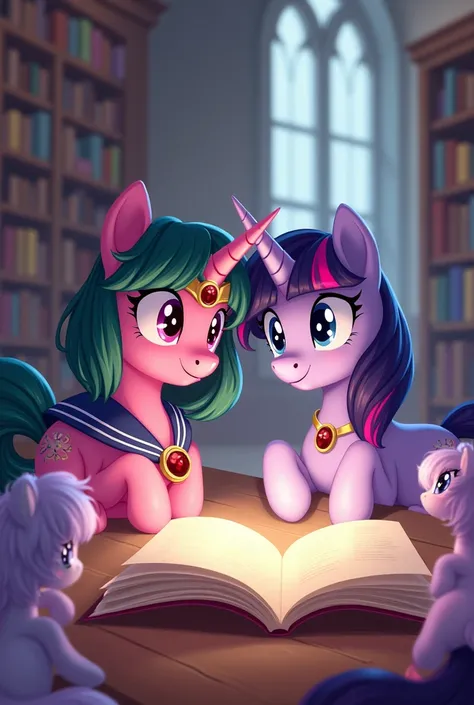 Setsuna Meioh from Sailor Moon in a unicorn pony version from My Little Pony in Canterlot, Studying with Twilight Sparkle, Canterlot library interior background.  version/small/Setsuna&#39;s unicorn foal, Long dark green mane and tail with bangs on forehea...