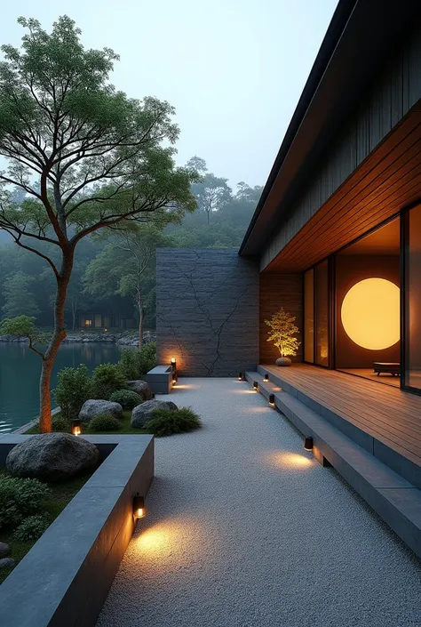 This is a Japanese-style garden but located in a modern house, very carefully and delicately arranged, creating a sense of peace and meditation. Photo angle from the gate looking in, the house is on the right. Wooden floors combined with natural stone elem...