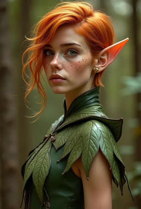 ELF EARS, LEAF COSTUME, GINGER HAIR, short hair, 1girl, freckles, confident, girlboss, facing viwer, looking front, upper body, warm understone skin