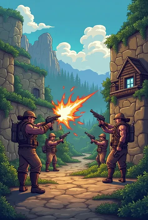 In the world of Terraria, a group of humans with 9mm pistols fighting off an invasion of goblins 