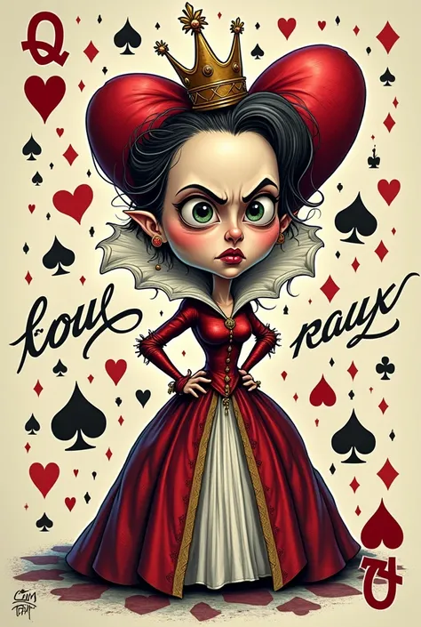  Caricature of the Queen of Hearts with cards and text RAUX