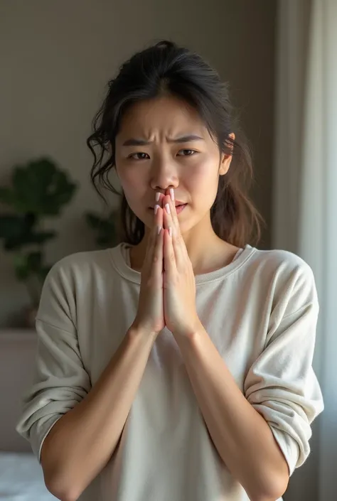 (photorealism:1.2), A realistic image of a woman mid-cough, with her right hand closed near her mouth, and her left hand holding a small bottle of medicine. She looks slightly distressed, dressed in casual, home attire. The setting is indoors, with soft li...