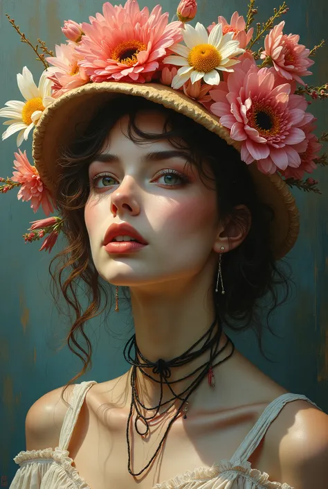 woman with a head full of flowers. flowers come out of her eyes and mouth and a hat full of flowers. half human half flower, Please create a whole body masterpiece, complete body head to toe close to camera, facing the camera, facing the viewer, stunning b...