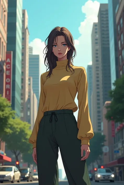 A Brazilian woman in the city, turtleneck blouse with long sleeves, loose pants, shy, anime, laser eyes, superhero