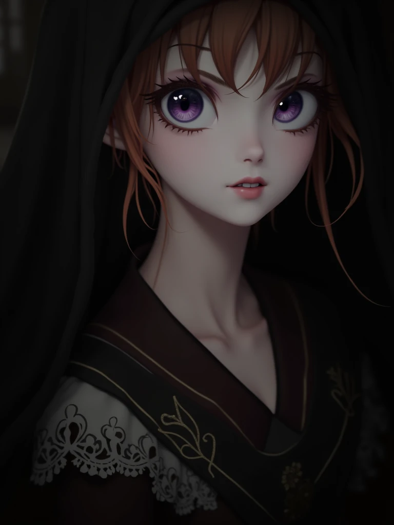 A beautiful, detailed maid with purple eyes and orange hair, wearing a maid headdress, (best quality,4k,8k,highres,masterpiece:1.2),ultra-detailed,(realistic,photorealistic,photo-realistic:1.37),vivid colors,professional,extremely detailed eyes and face,lo...