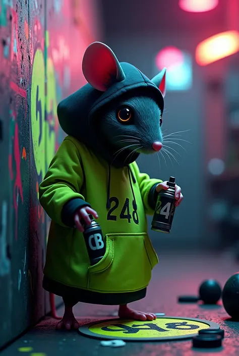 Alien mouse shh silence with number 2448 graffitied lime green jacket, black gangster hoodie holding spray can , alien drawing, gym weights wallpaper, luzes leds, special effects, 8k