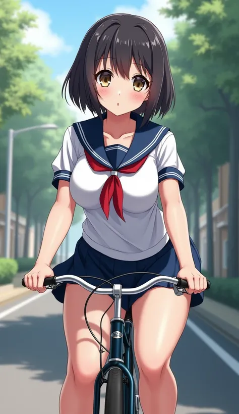 A cute Japanese girl is riding a bicycle。Wearing school uniform。Short Hair。Big eyes、Long eyelashes。Big Breasts。Highlight muscles。Thick arms。Thick thighs。Thick legs。Big Ass。live-action、Real。