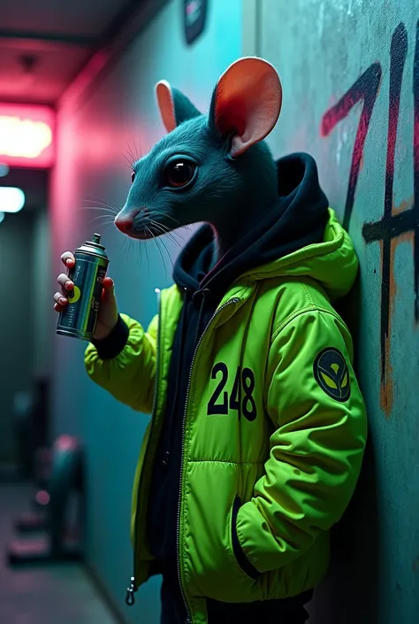 Alien mouse shh silence with number 2448 graffitied lime green jacket, black gangster hoodie holding spray can , alien drawing, gym weights wallpaper, luzes leds, special effects, 8k