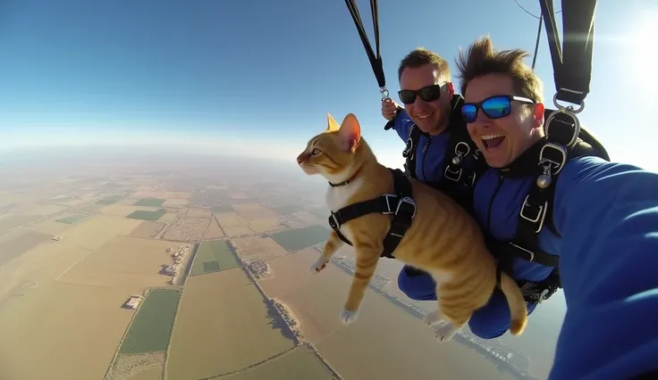 A selfie of a cat skydiving above a field in Arizona from a big height with other people