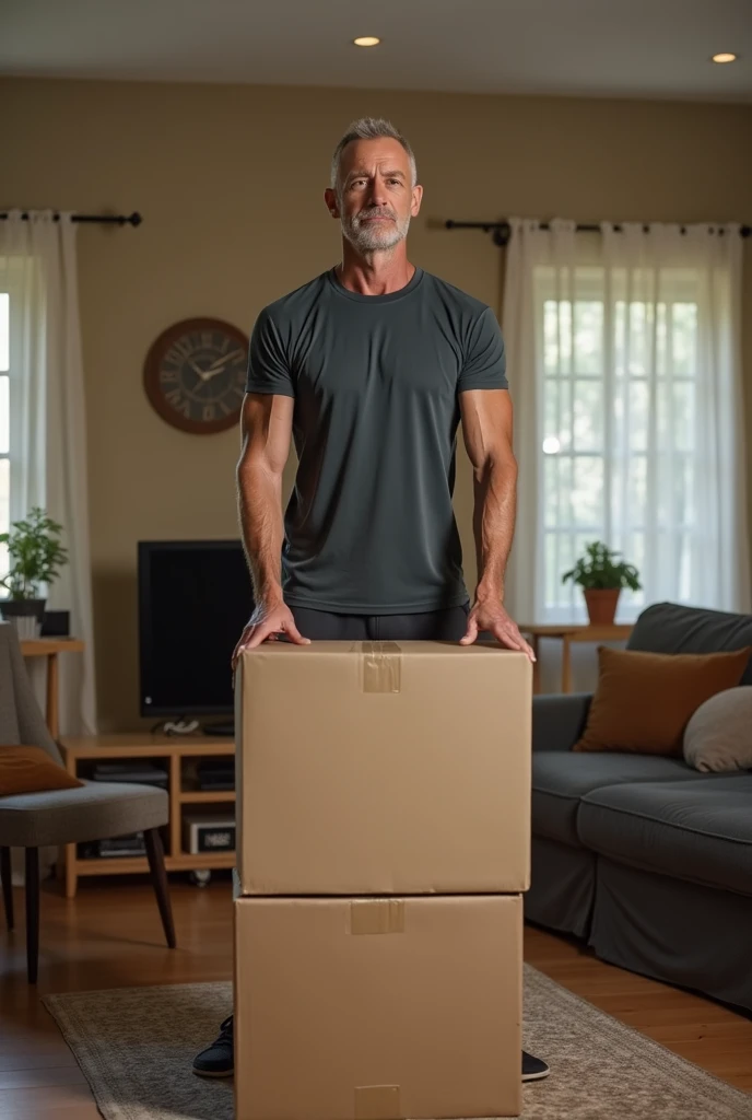 A man lifting a box in his living room with perfect posture, demonstrating the real-life benefits of functional training