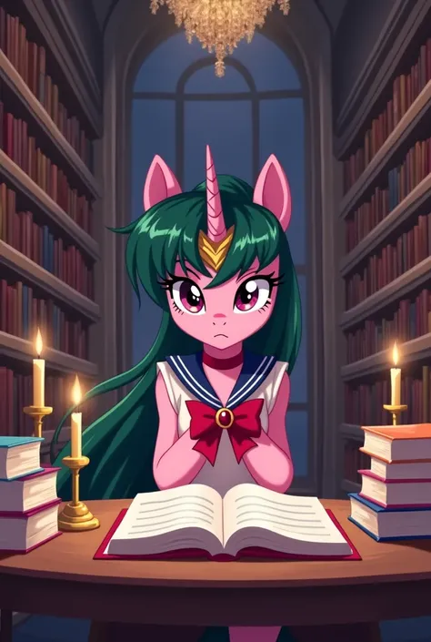 Setsuna Meioh from Sailor Moon in a unicorn pony version from My Little Pony in Canterlot, studying books, Canterlot library interior.  version/small/Setsuna&#39;s unicorn power, Long dark green mane and tail with bangs on forehead, Ruby colored eyes, ligh...