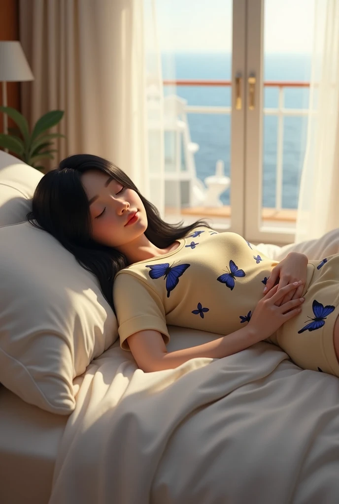 Woman 30 years, very long straight black hair, wearing beige with large navy blue butterflies 🦋print cotton shorts and  beige with large navy blue 🦋 butterflies print short sleeves cotton T-shirt pajamas,sleeping in white sheets bed at cruise ship bedroom....