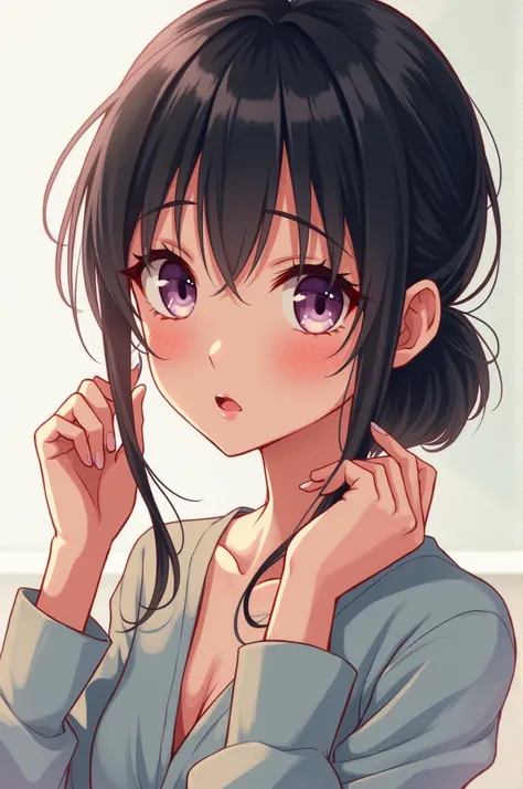 a girl, detailed face, beautiful eyes, tying up hair, whole body, anime style 