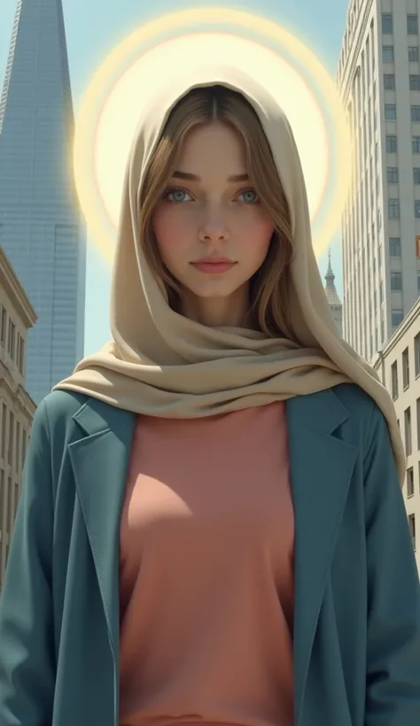 The Shy and Beautiful Virgin Mary。Salmon pink T-shirt,Blue coat, Beige Veil, Simple clothing。Halo, Skyscraper