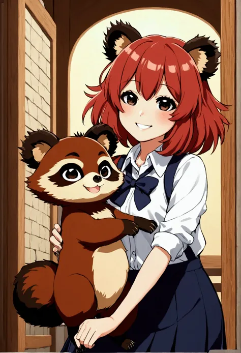 Tall red tanuki girl, short spiky hair black eyes black iris, markings on his face,  preppy clothes, tanuki girl, furry, tanuki tail, happy smile, smiling girl, smile girl.