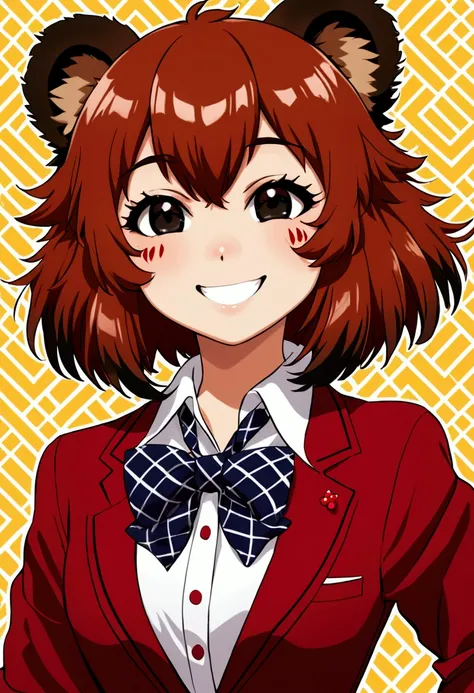 Tall red tanuki girl, short spiky hair black eyes black iris, markings on his face,  preppy clothes, tanuki girl, furry, tanuki tail, happy smile, smiling girl, smile girl.