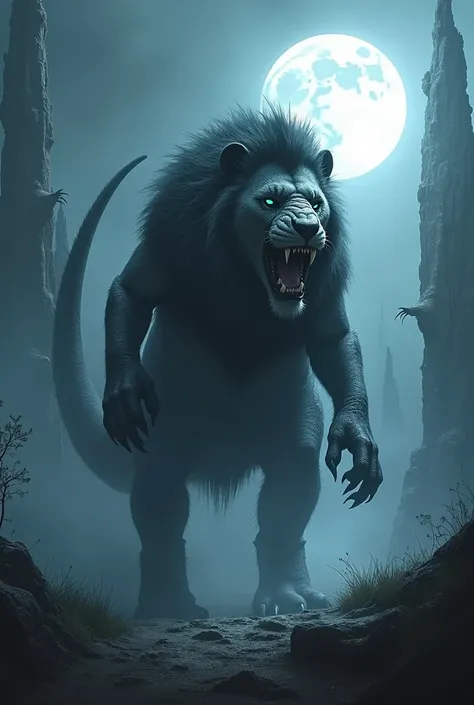 Lion-dinosaur hybrid at night full moon