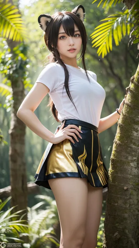 想）Create an ultra-realistic 8K resolution image of a stunning cosplayer inspired by a saber-toothed tiger, blending the fierce characteristics of the prehistoric predator with the charm and style of a top-tier moe character. Her skin has a soft golden hue,...