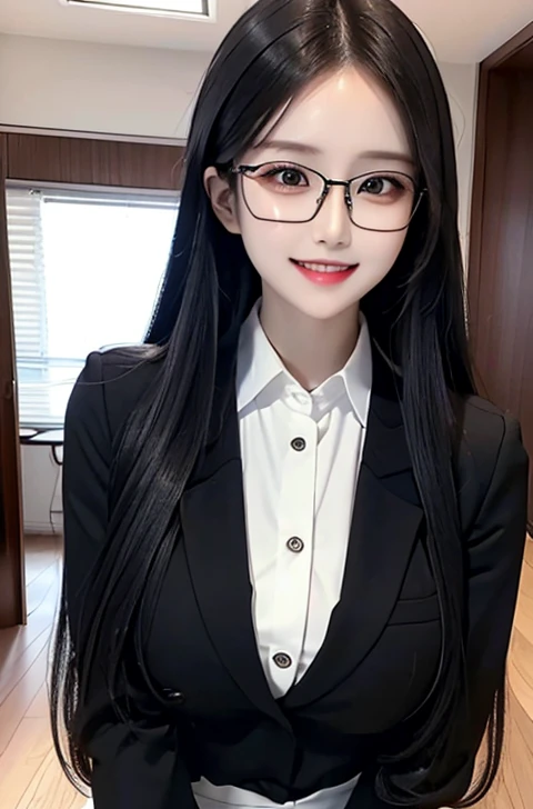 A woman office worker, court suit black, office suit, long hair straight, high detailed, realistic, ultra realistic, ((smart glasses eyes and smile)) 