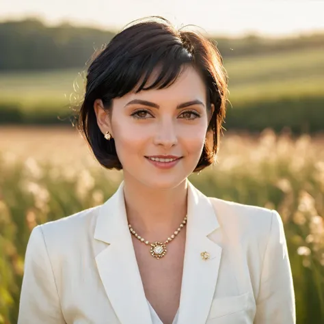 Professional portrait photography, showing a woman in her 20s, with short black hair styled in a vintage fashion that shimmers in the sunlight. 
She is wearing a (White round neck blouse) and (an elegant white blazer).
The woman looks into the camera with ...