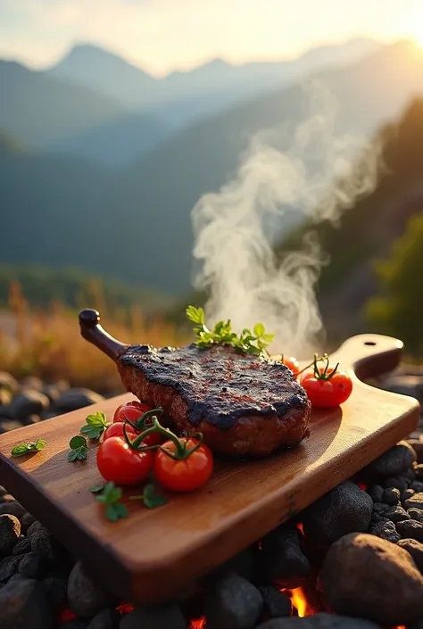 Barbecue on top of the mountain, roasted tomahalk on the board,  sunbeams, wide image