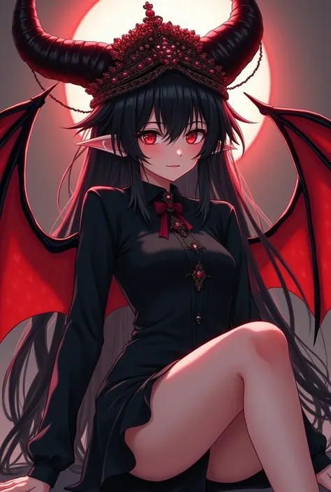 An anime-style girl, around 16 or , with long black hair, red eyes, and a sinister smile. She is wearing a black shirt and black skirt, with red and black wings, pale white skin, and black high heels. She is also wearing a large, ornate hat with a fan-like...