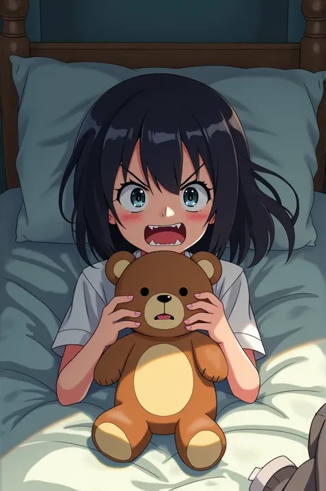 Very angry girl lying on a school dormitory bed while wearing sleepwear holding a teddy bear while making an extremely angry face,anime style 