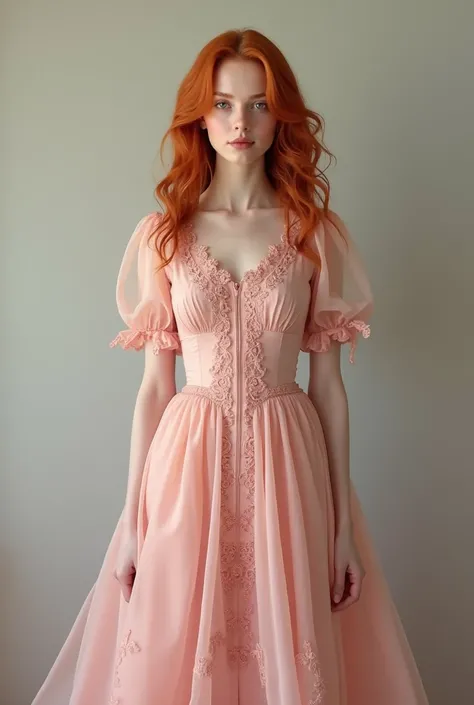 Full body redheaded woman wearing a pink vintage dress with embroidery, facing front. Super realistic and detailed.