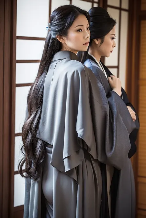 widow､Mourning clothes,kimono,Long Hair, Gray Hair, Double vertical roll, Drooling, Rear view, Tears, Large Breasts, Big Ass,