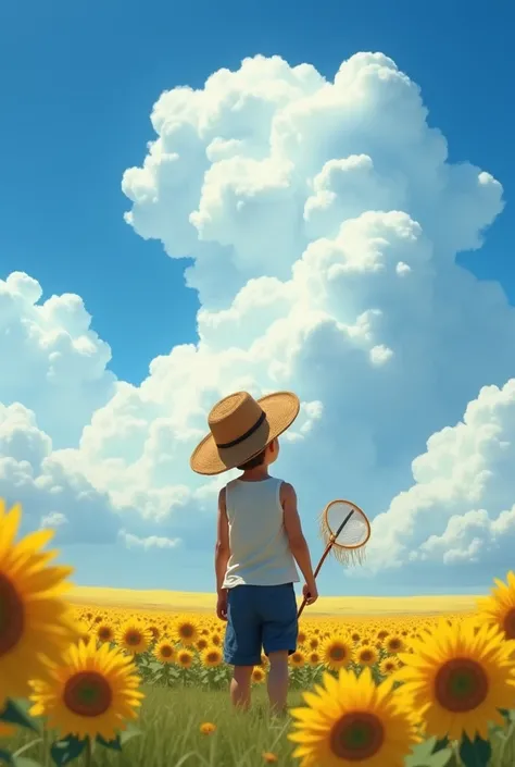 A clear blue summer sky, scorching sunlight and cumulonimbus clouds stretching high into the sky. A boy looks up at the sky in a sunflower field. He is wearing a white tank top and navy blue shorts, and is holding a bug net. The shadow of the straw hat on ...